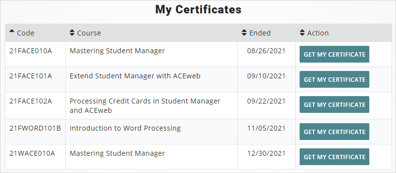 My Certificates page